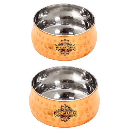 Handcrafted set of two copper bowls with a smooth interior and hammered exterior for unique style
