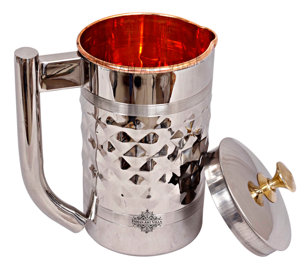 Steel Copper Diamond Hammered Jug, Pitcher With Designer Handle & Brass Knob On Lid, Serveware, Drinkware