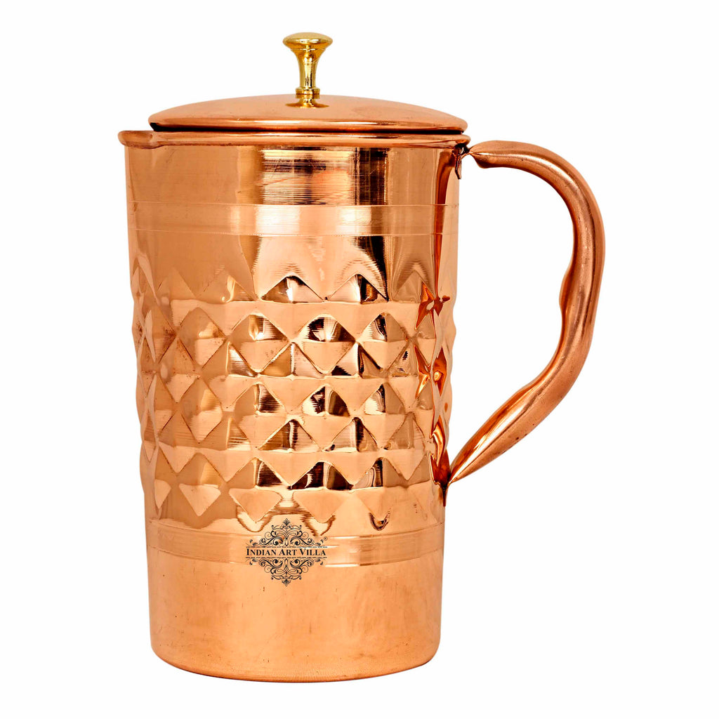 Indian Art Villa Pure Copper Jug, Diamond Hammered Design, Pitcher with Brass Knob Serving water