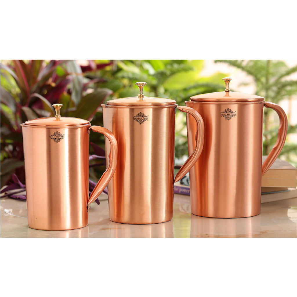 Indian Art Villa Pure Copper Lacquer Coated Designer Jug, Pitcher with Brass Knob on Lid, Serveware, Drinkware
