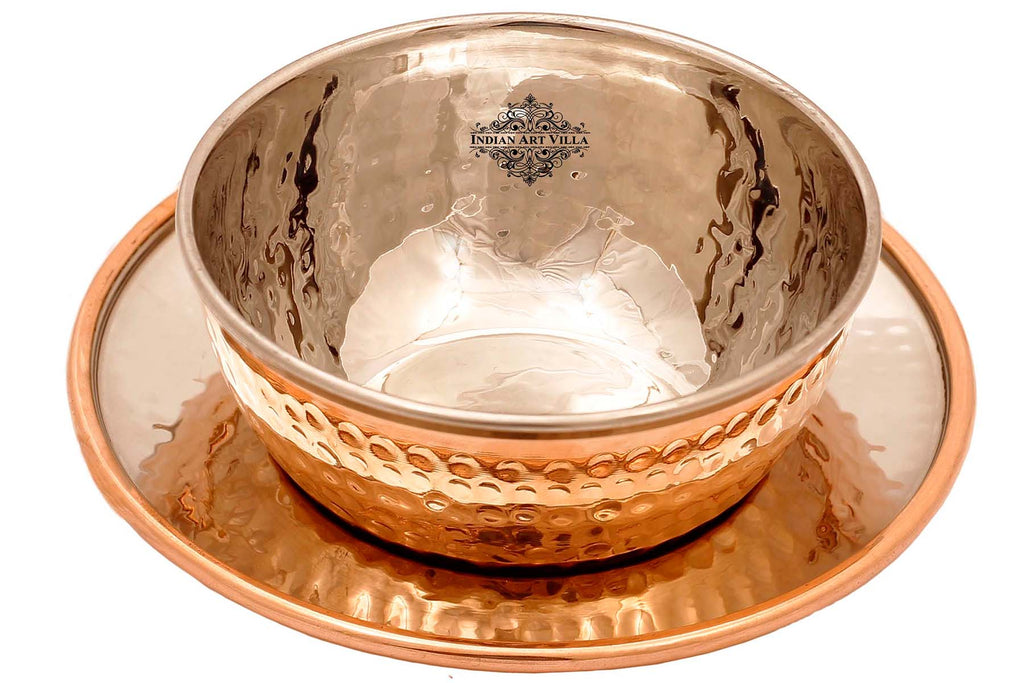 Indian Art Villa Steel Copper Hammered Finger Bowl with Underliner, Plate, Tableware, 400ml