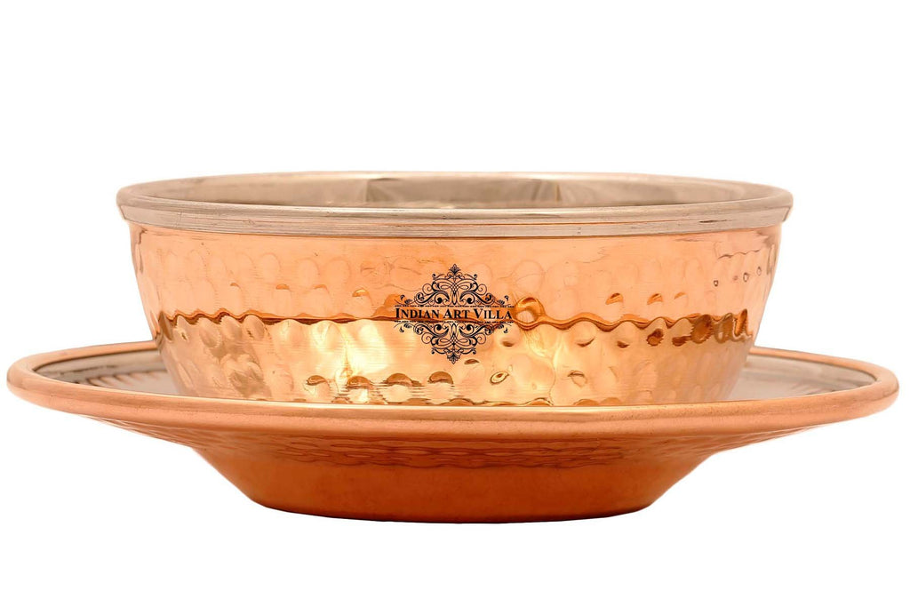 Indian Art Villa Steel Copper Hammered Finger Bowl with Underliner, Plate, Tableware, 400ml