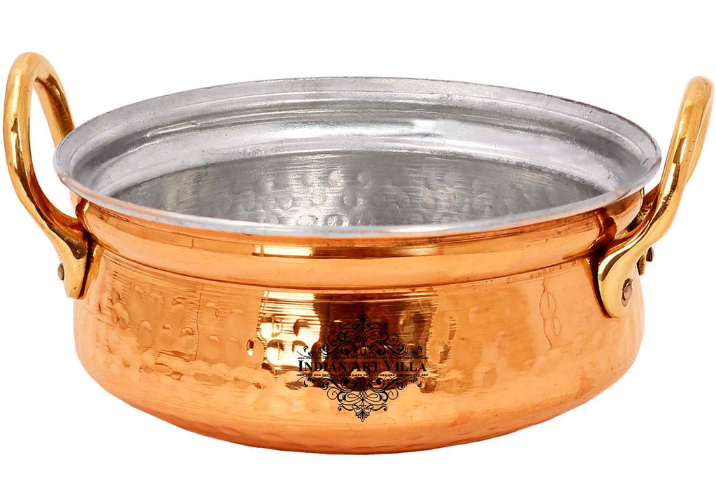 Indian Art Villa Pure Copper Handi With Handle Inside Tin Lining, Hammered Design, Serveware & Tableware