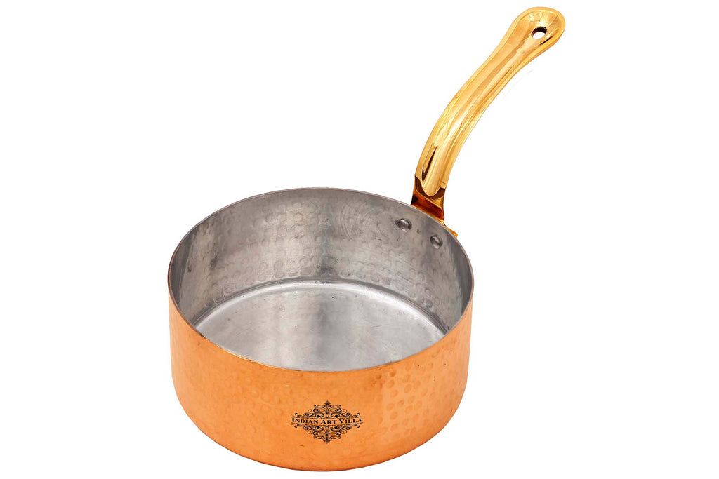 Indian Art Villa Pure Copper Hammered Design Round Sauce Pan With Tin Lining