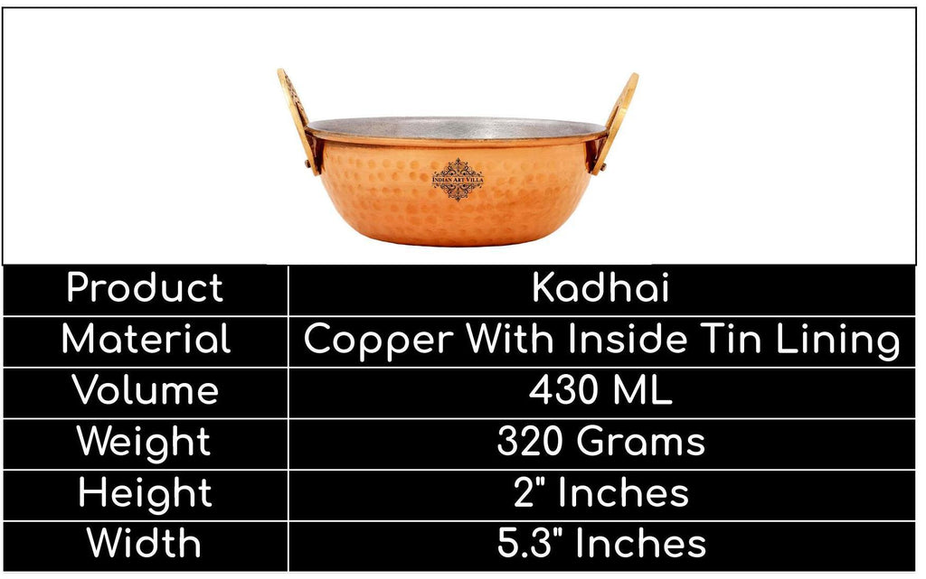Indian Art Villa Pure Copper Kadai With Tin Lining, Hammered Design, Serveware & Tableware