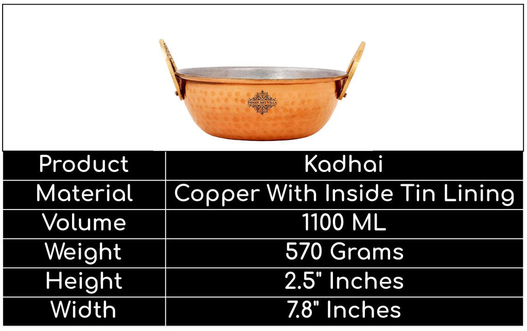 Indian Art Villa Pure Copper Kadai With Tin Lining, Hammered Design, Serveware & Tableware