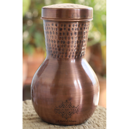 Matka Style Dark Hammered Copper Bottle with Built-in Glass for Ayurvedic Use and Bedroom Décor by Indian Art Villa