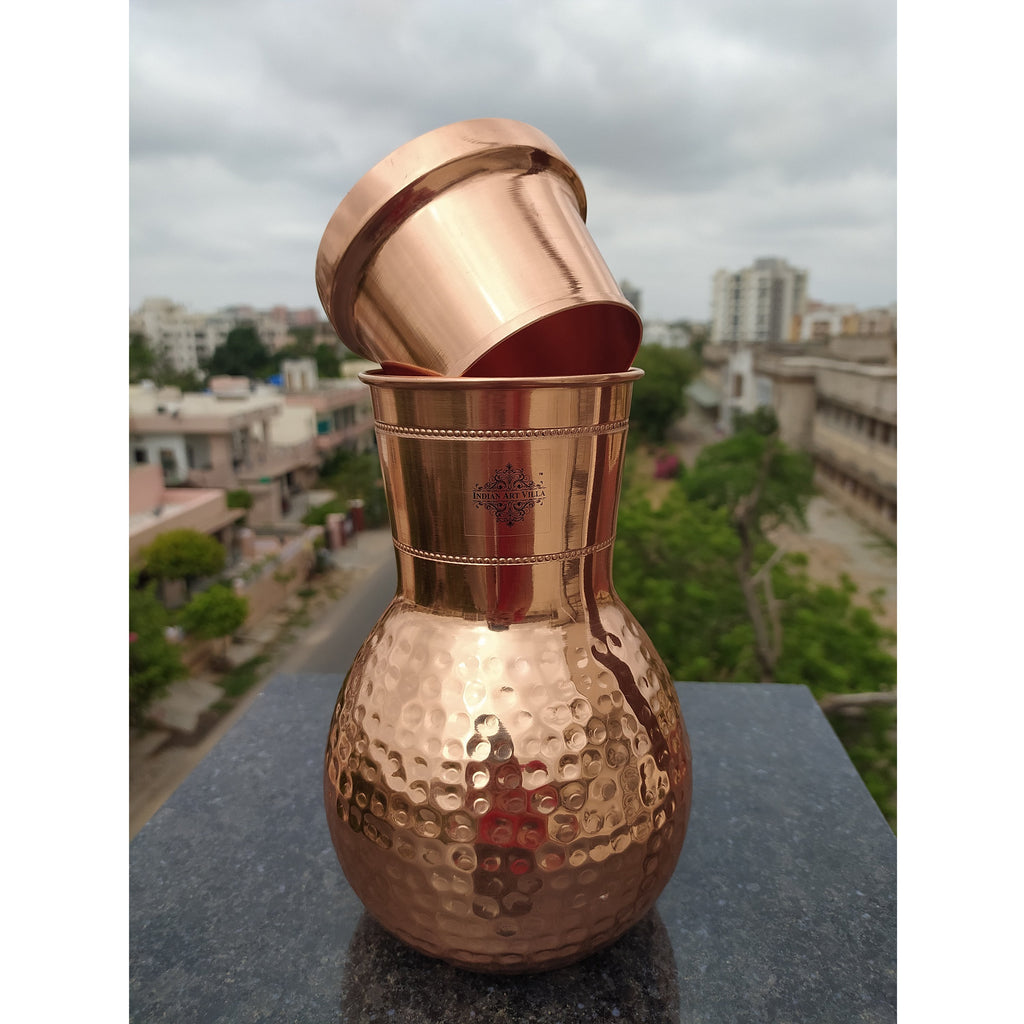 Indian Art Villa Pure Copper Smooth, Half-Hammered Matka Style Lacquer Coated Bedroom Bottle With Built-In Glass, Drinkware, 1200ml