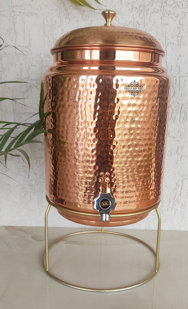 Indian Art Villa Copper Hammered Design Water Pot With Brass Stand