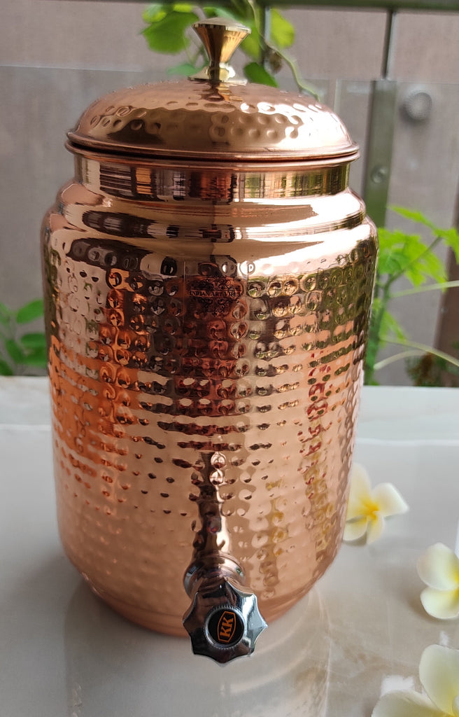 Indian Art Villa Copper Hammered Design Water Pot With Brass Stand