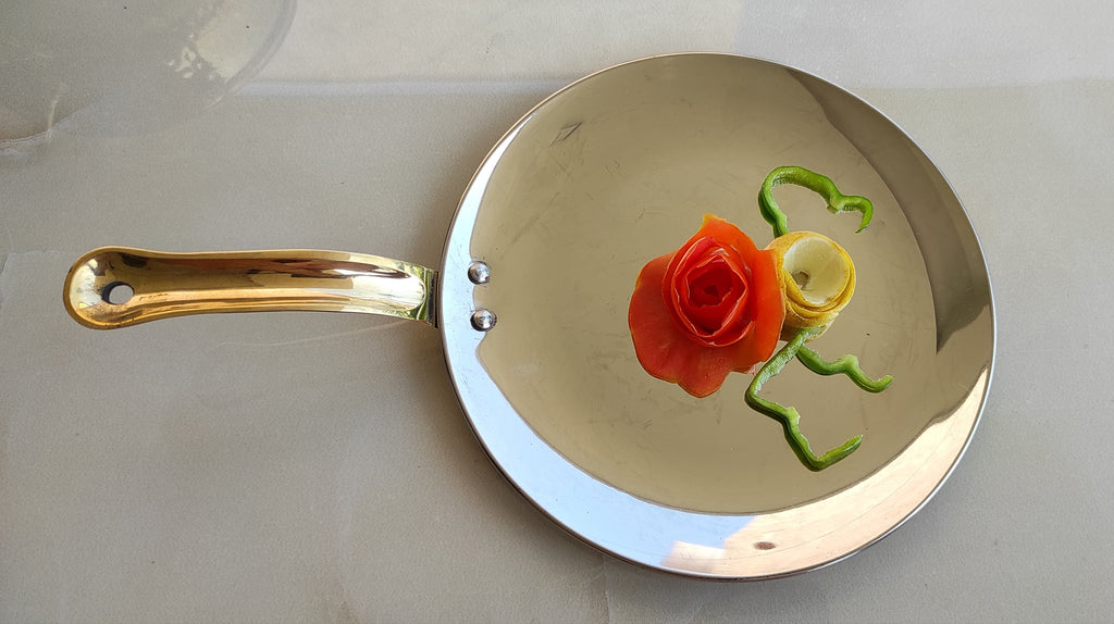 Indian Art Villa Steel Copper Serving Hammered Tawa Platter With Brass Handle, Home Hotel Restaurant