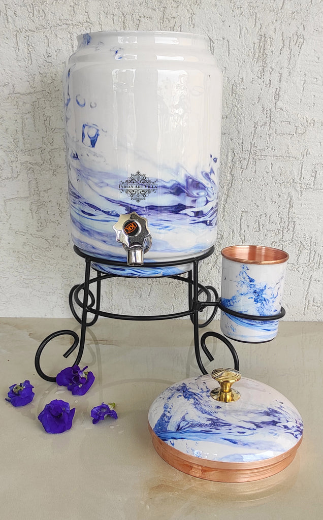 Indian Art Villa Copper White Aqua Blue Printed Design Water Pot With Stand & Glass | 5 Litres