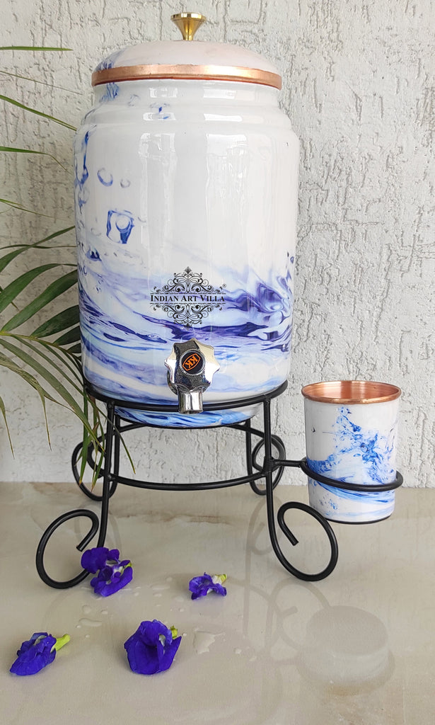 Indian Art Villa Copper White Aqua Blue Printed Design Water Pot With Stand & Glass | 5 Litres