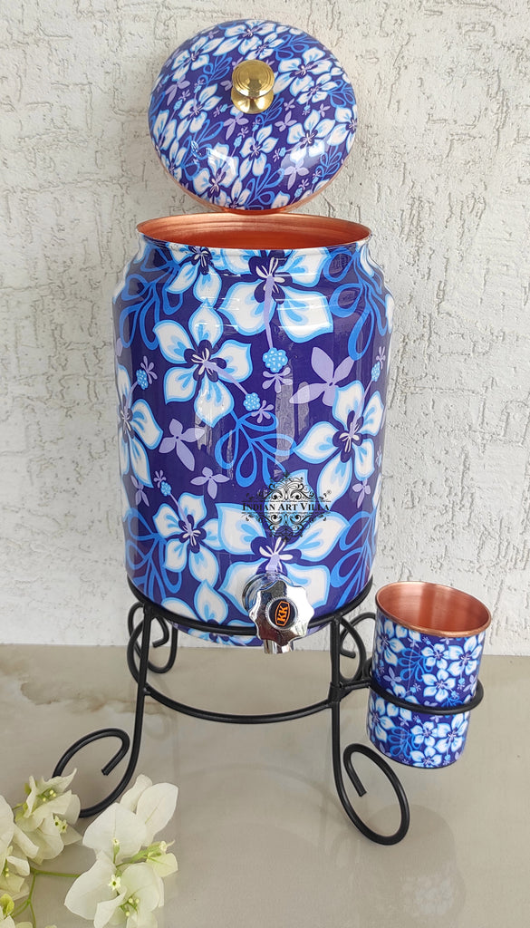 Indian Art Villa Copper Blue Floral Printed Design Water Pot With Stand & Glass | 5 Litres