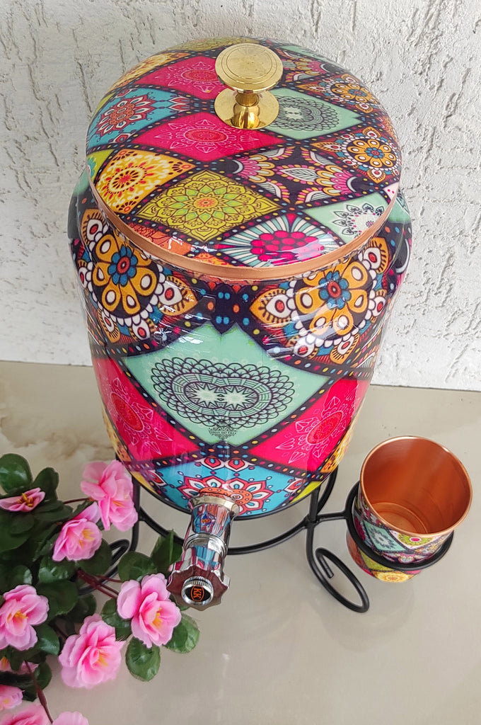 Indian Art Villa Copper Water Pot With Stand & Glass | Beautiful Printed Pot | Multicolor | 5 Litres
