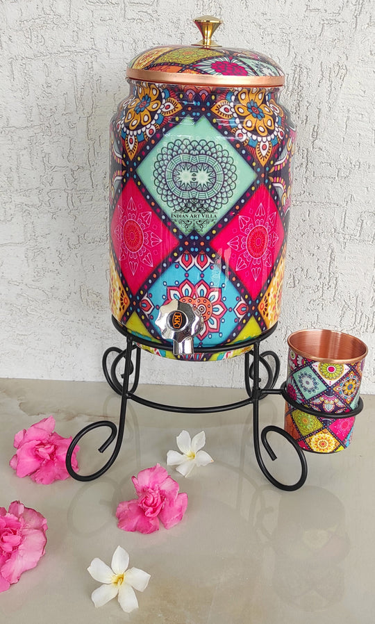 Copper Water Pot With Stand & Glass | Beautiful Printed Pot | Multicolor | 5 Litres