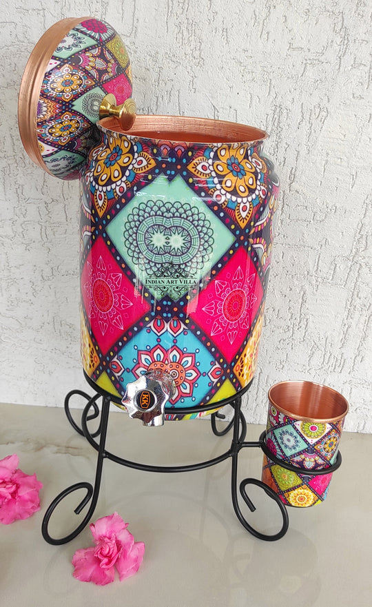 Copper Water Pot With Stand & Glass | Beautiful Printed Pot | Multicolor | 5 Litres
