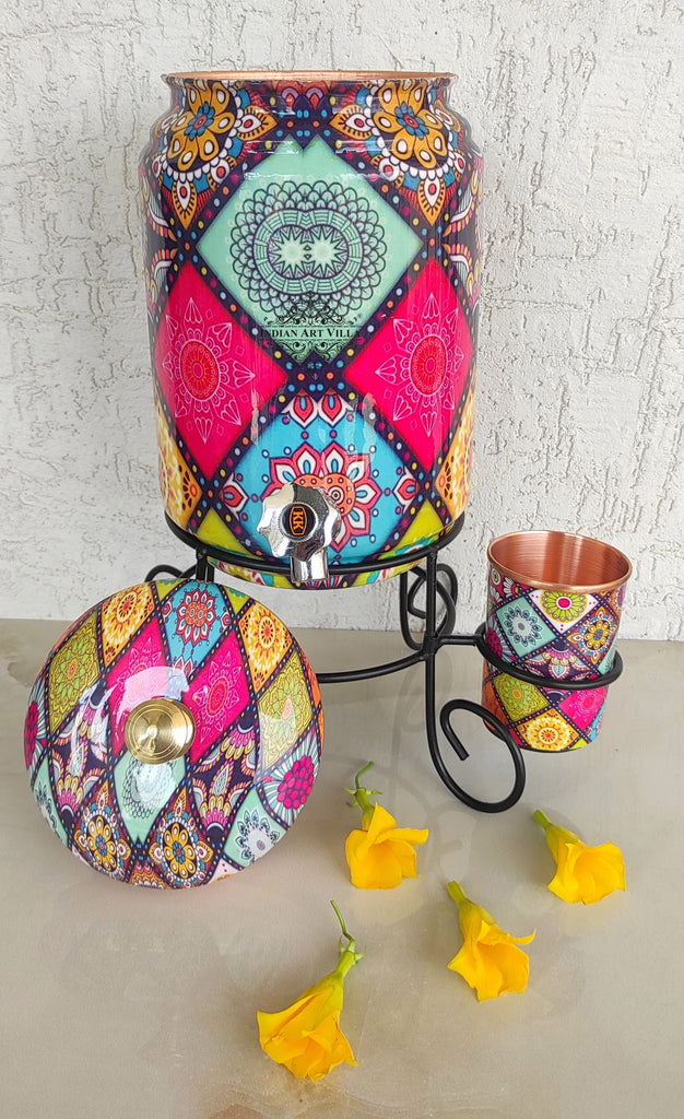 Indian Art Villa Copper Water Pot With Stand & Glass | Beautiful Printed Pot | Multicolor | 5 Litres