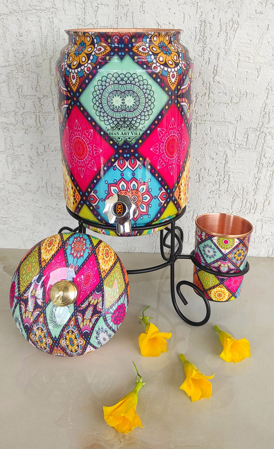 Copper Water Pot With Stand & Glass | Beautiful Printed Pot | Multicolor | 5 Litres
