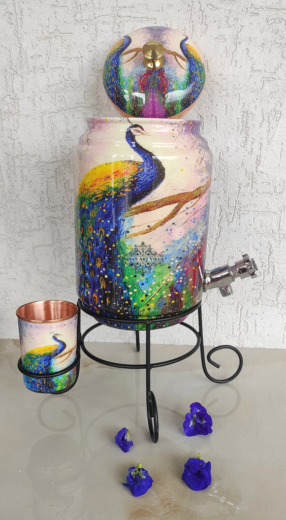 Indian Art Villa Copper Colorful Peacock Printed Design Water Pot With Stand & Glass 5 Litres