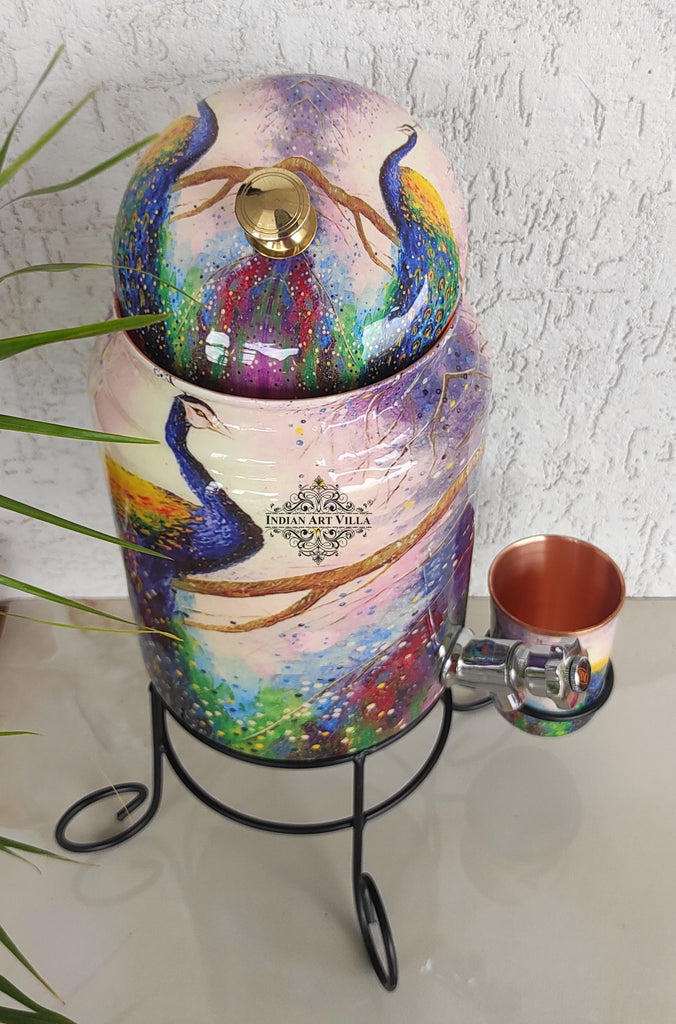 Indian Art Villa Copper Colorful Peacock Printed Design Water Pot With Stand & Glass 5 Litres