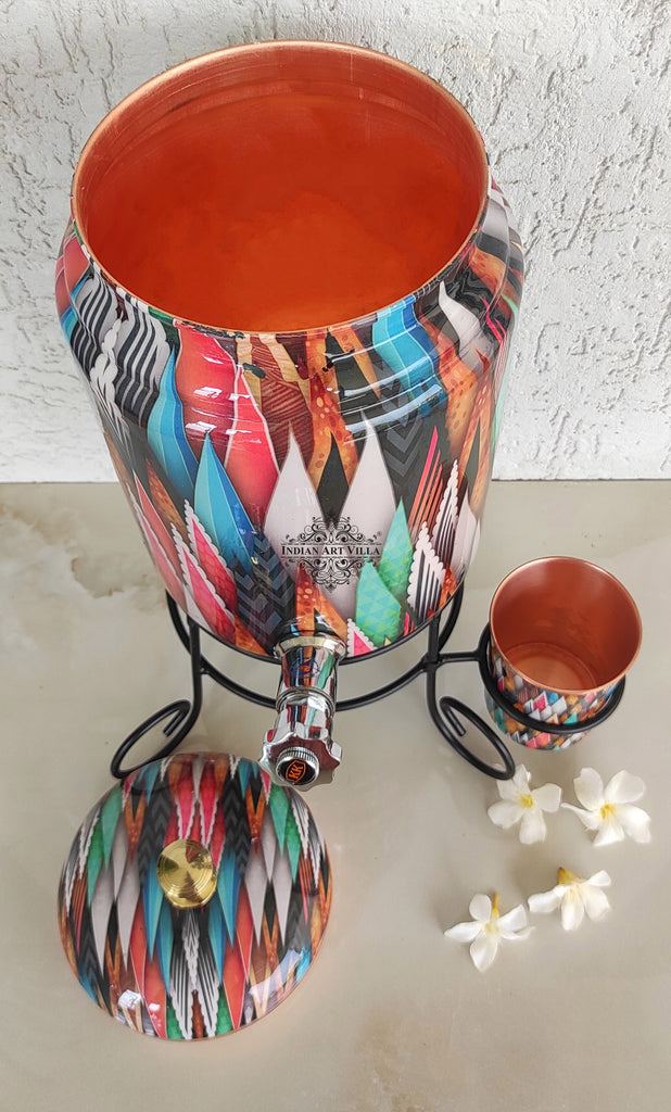 Indian Art Villa Pure Copper Colorful Spikes Printed Design Water Pot Heavy Gauge with Brass Tap & Copper Glass & Stand | Serveware | Drinkware | 5 Litres