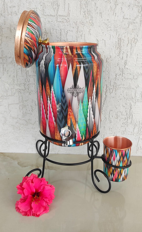 Pure Copper Colorful Spikes Printed Design Water Pot Heavy Gauge with Brass Tap & Copper Glass & Stand | Serveware | Drinkware | 5 Litres