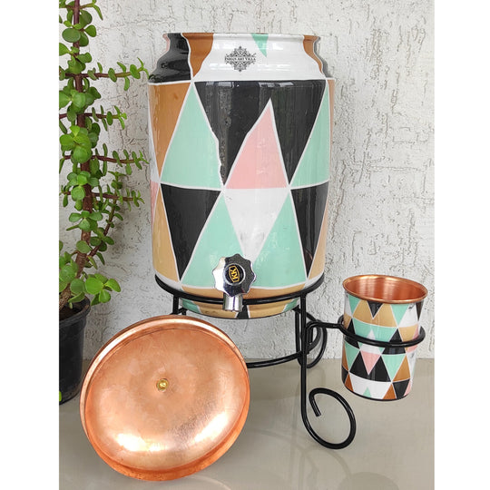 Wide angle of 5L round copper matka on stand showing large body elevated – copper water pot with stand