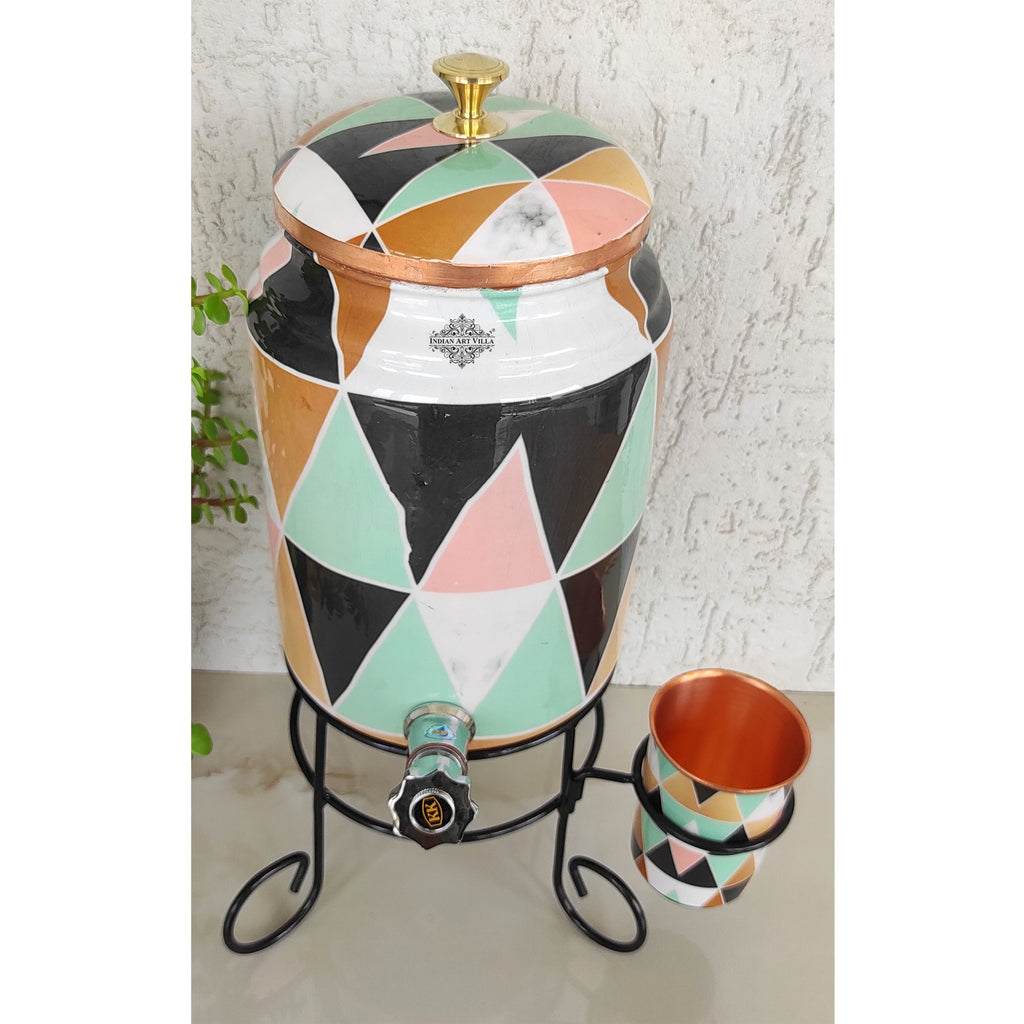 Indian Art Villa Copper Colorful Triangle Printed Design Water Pot With Stand & Glass | 5 Litres