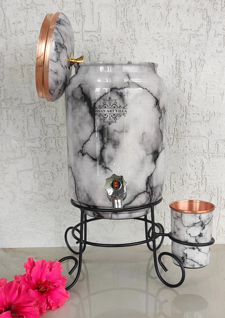 Copper White & Black Marble Printed Design Water Pot With Stand & Glass, 5 Liter