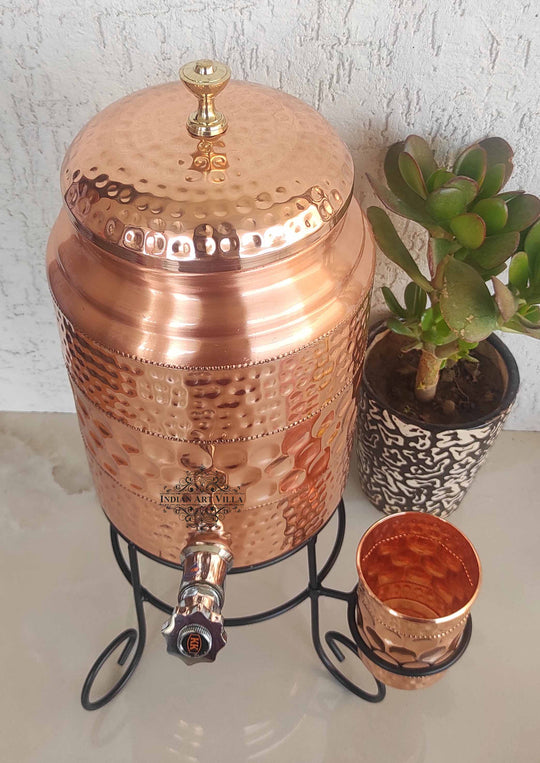 5 litre round copper matka with stand – large spherical tamba matka on iron stand – copper water pot with stand