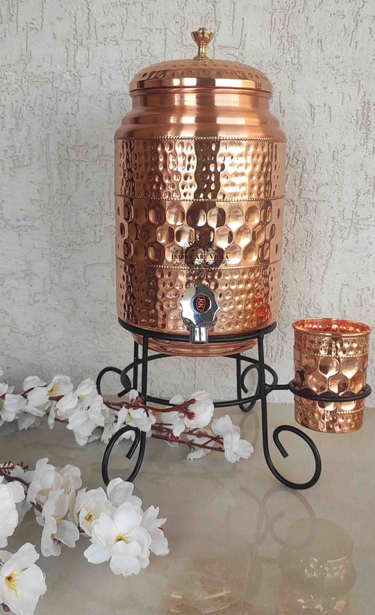 Copper Diamond Hammered Design Water Pot With Glass & Stand | 5 Litres