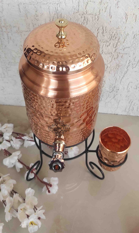 5 litre round copper matka with stand on dining table as traditional water vessel – 5 ltr copper pot with stand