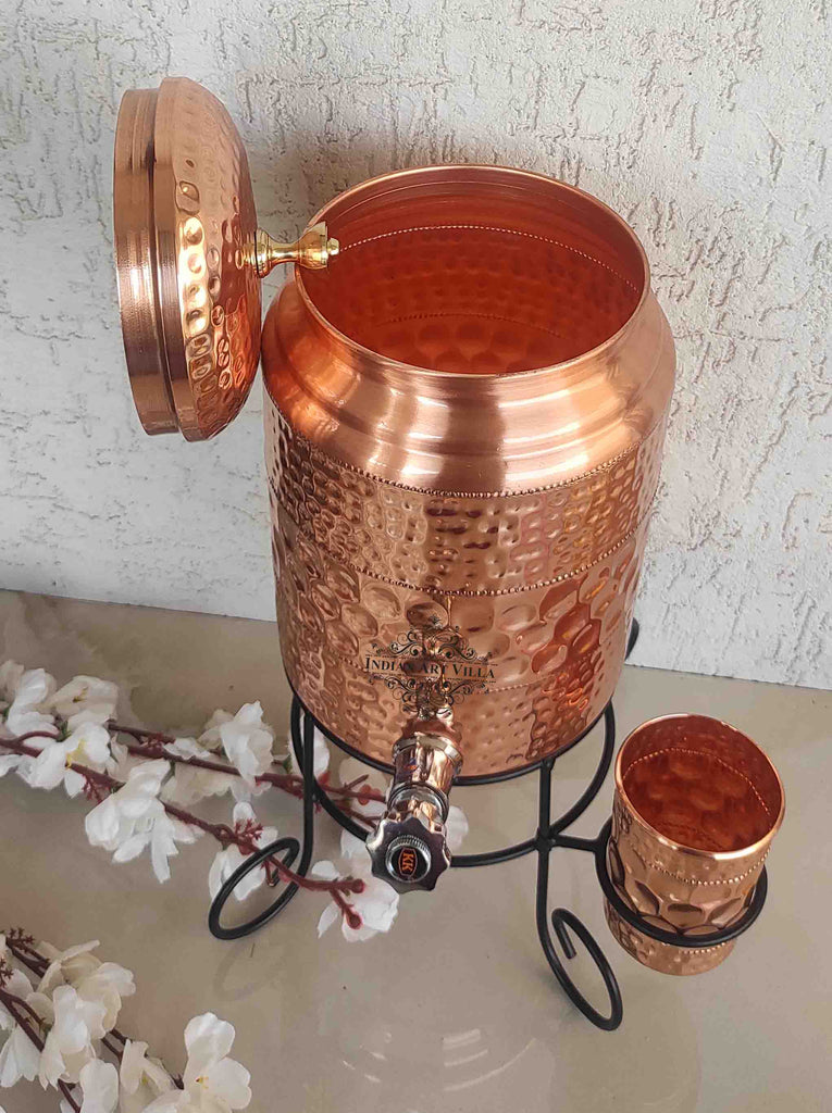 Indian Art Villa Copper Diamond Hammered Design Water Pot With Glass & Stand | 5 Litres