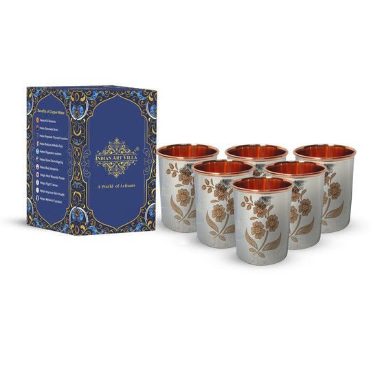 Pure Steel Copper Engraved Floral Design Glass -300 ML