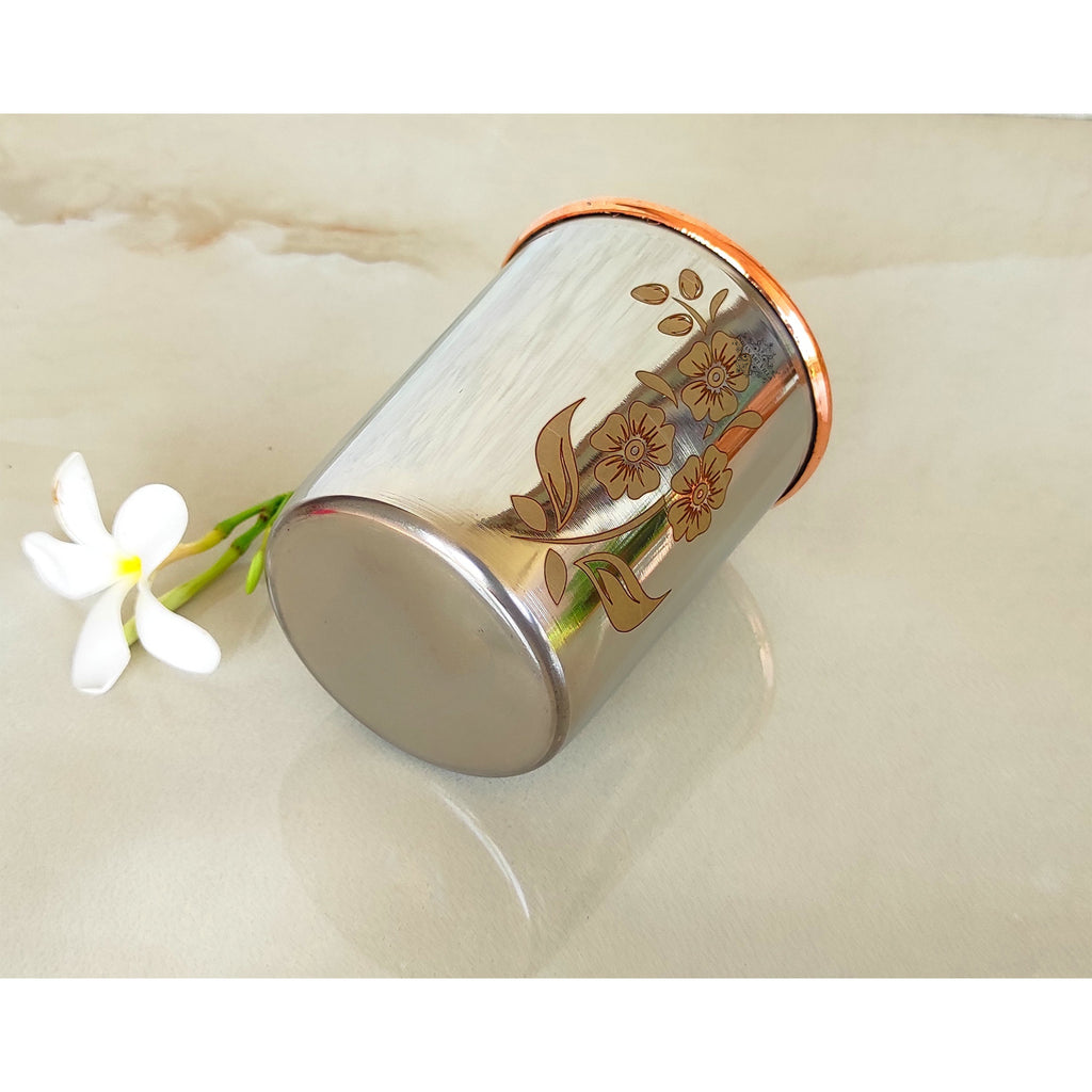 Indian Art Villa Steel Copper Engraved Floral Design Glass Tumbler, Drinking And Serving Purpose, Volume:-300 ML