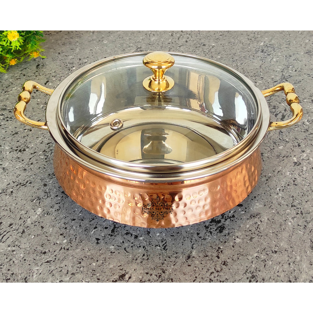Indian Art Villa Steel Copper Handi/Casserole Bowl With Induction Bottom & Brass Knob and Handle, Cookware, Serveware, Tableware, Dinnerweare