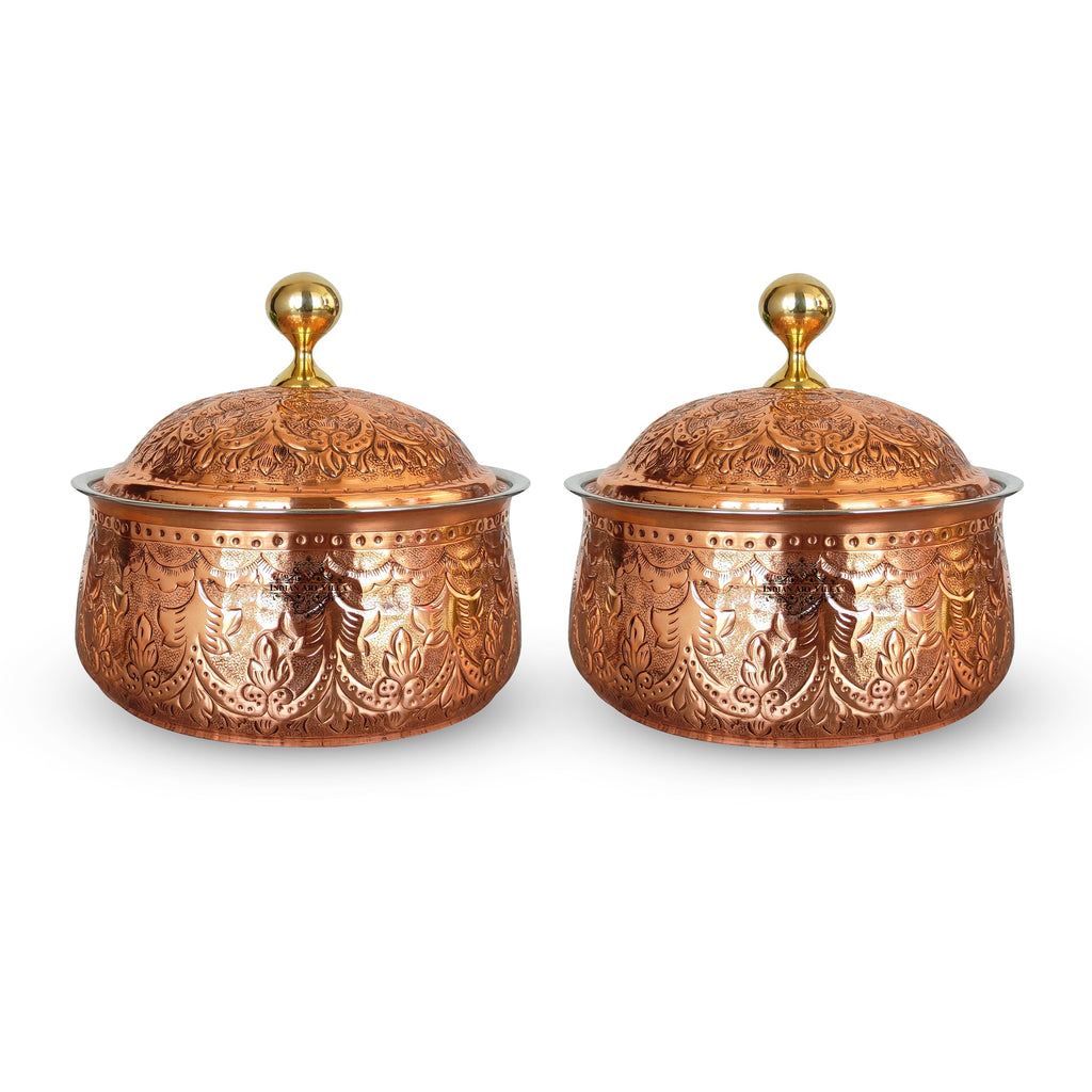 Indian Art Villa Steel Copper Casserole/Hot Pot With Deep Embossed Design & Brass Knob, Serveware, Tableware & Dinnerware For Home, Hotel & Restaurants