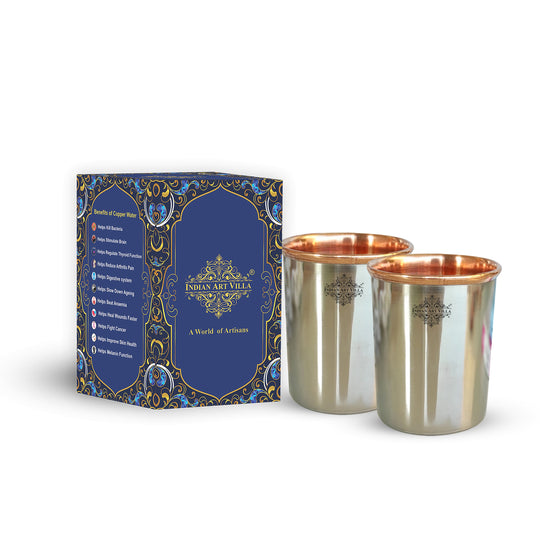 Steel pure copper plain glasses 250ml set of 2 perfect for daily hydration Ayurveda use and festive gifting needs