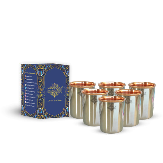 Indian Art Villa steel tamba plain glasses 250ml set of 6 ideal for Ayurveda daily water intake and gifting needs