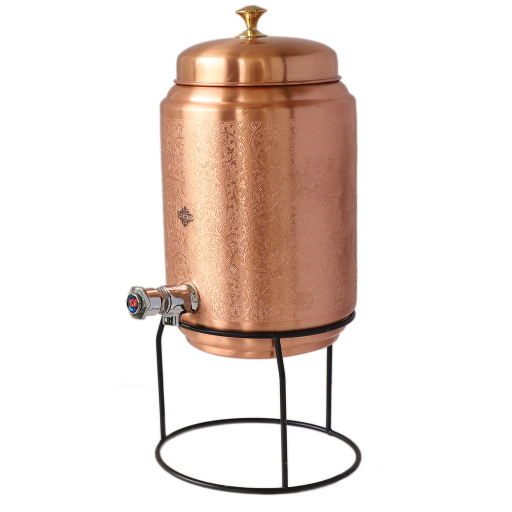 Indian Art Villa Pure Copper Water Pot with Brass Tap & Stand, Storage & Serving Water, Volume- 5 Liters