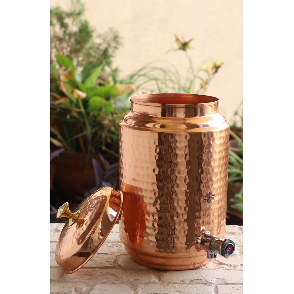 Indian Art Villa Pure Copper Water Pot with Brass Tap & Stand, Storage & Serving Water, Volume- 5 Liters
