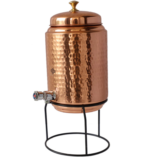 Black 5 litre copper matka with tap on marble kitchen counter – stylish copper water dispenser