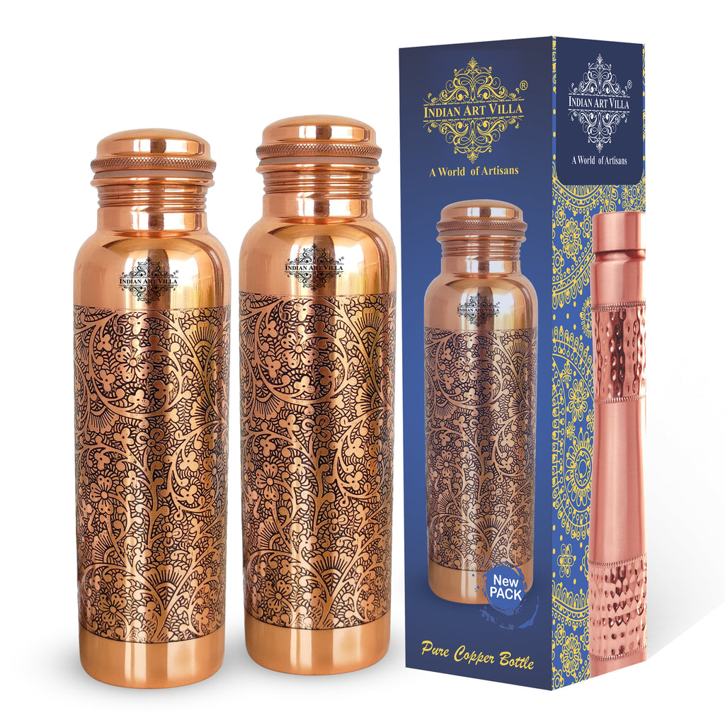 Indian Art Villa Pure Copper Dark Embossed Design Bottle 1000 ML, Storage & Drinkware, Health Benefits, Volume-1000ML Set Of 2