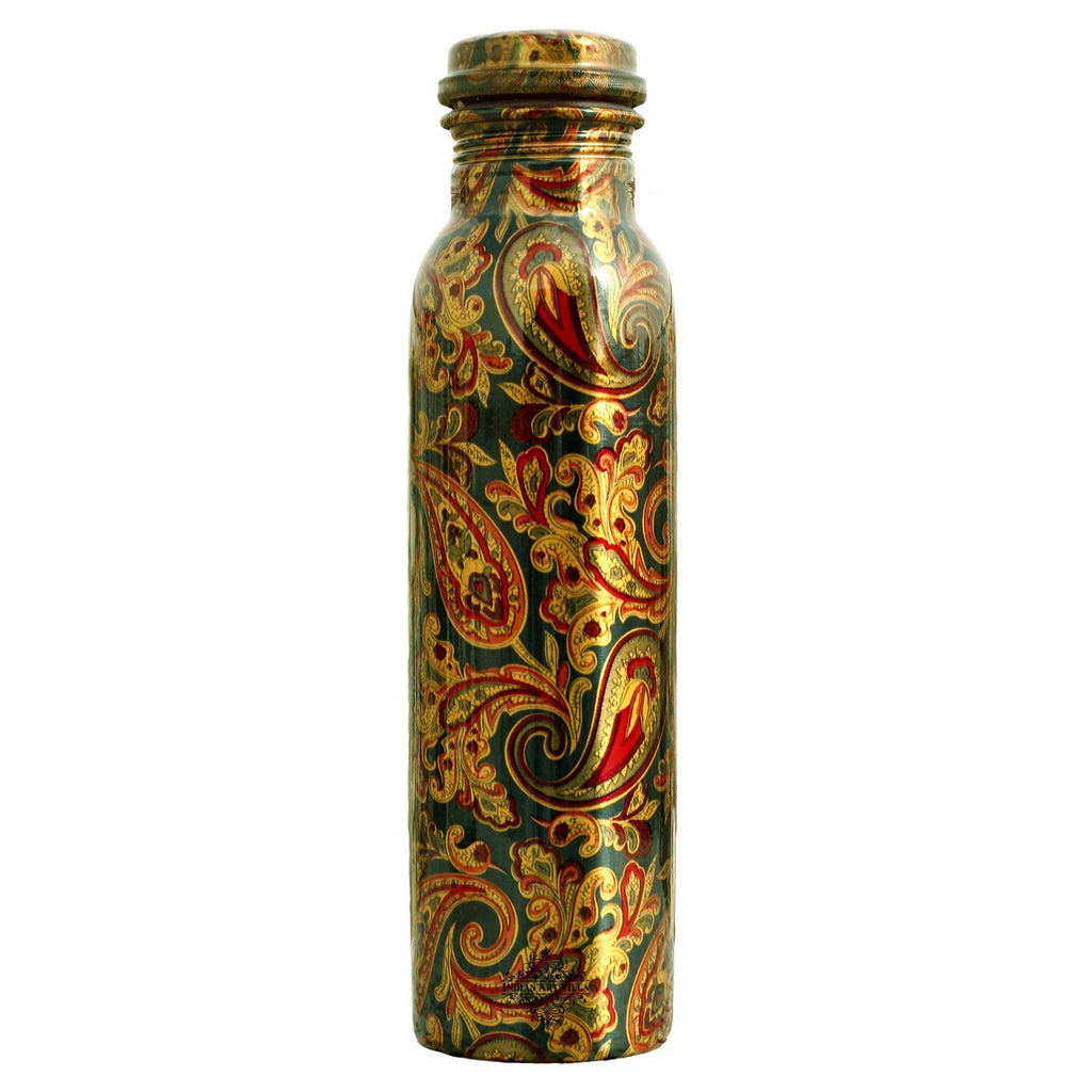 Indian Art Villa Pure Copper Medallion Candy Paisley Printed Lacquer Coated Water Bottles with health benefits, Drinkware