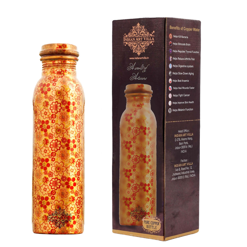 Indian Art Villa Printed Copper Water Bottle, Flower Design, Drinkware, 1000 ML, Golden
