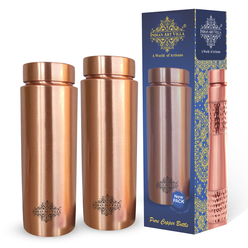 Indian Art Villa Copper Lacquer Coated Straight Design Bottle, Drinkware, Ayurveda Yoga, Volume- 800 ml Set Of 2