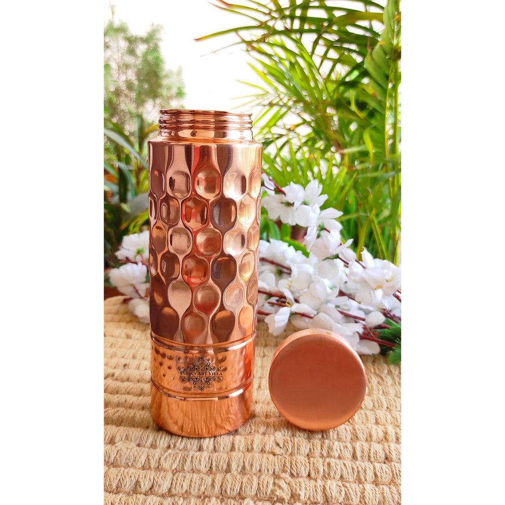 Indian Art Villa Copper Straight Shine Finish Bottle in honeycomb Design with Hammered Strip, Volume- 800 ML Set Of 2