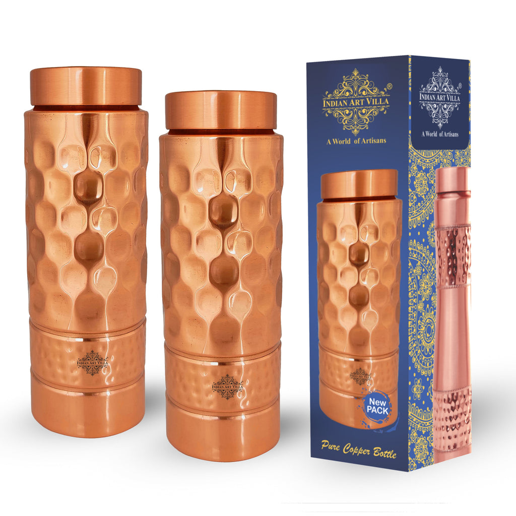 Copper Straight Shine Finish Bottle in honeycomb Design with Hammered Strip, Volume- 800 ML