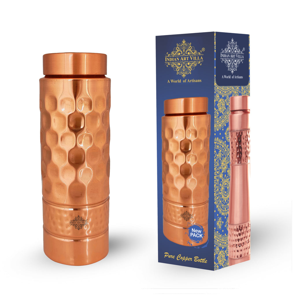 Copper Straight Shine Finish Bottle in honeycomb Design with Hammered Strip, Volume- 800 ML